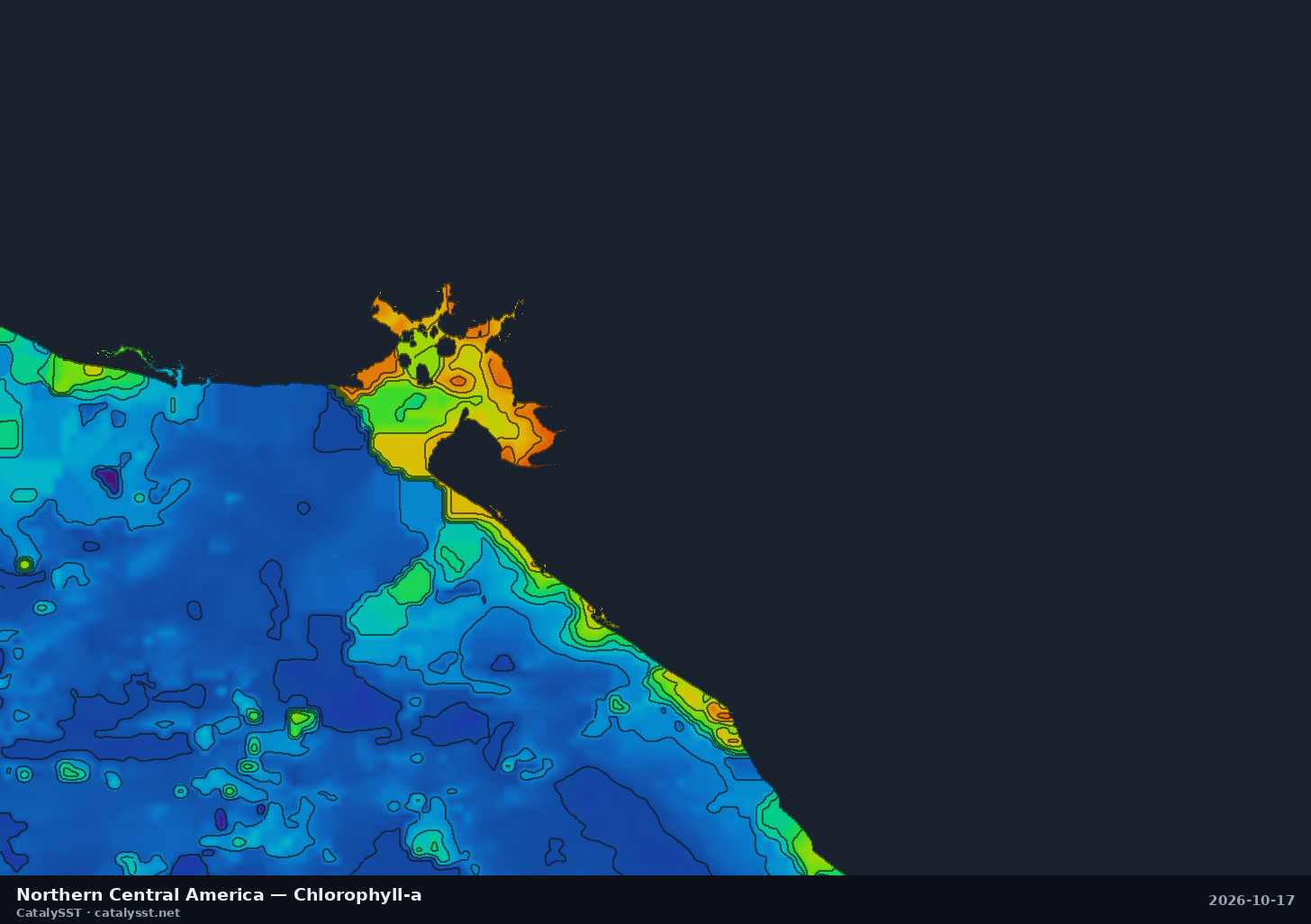 Satellite chlorophyll chart for Northern Central America, October 17, 2026, with contour lines
