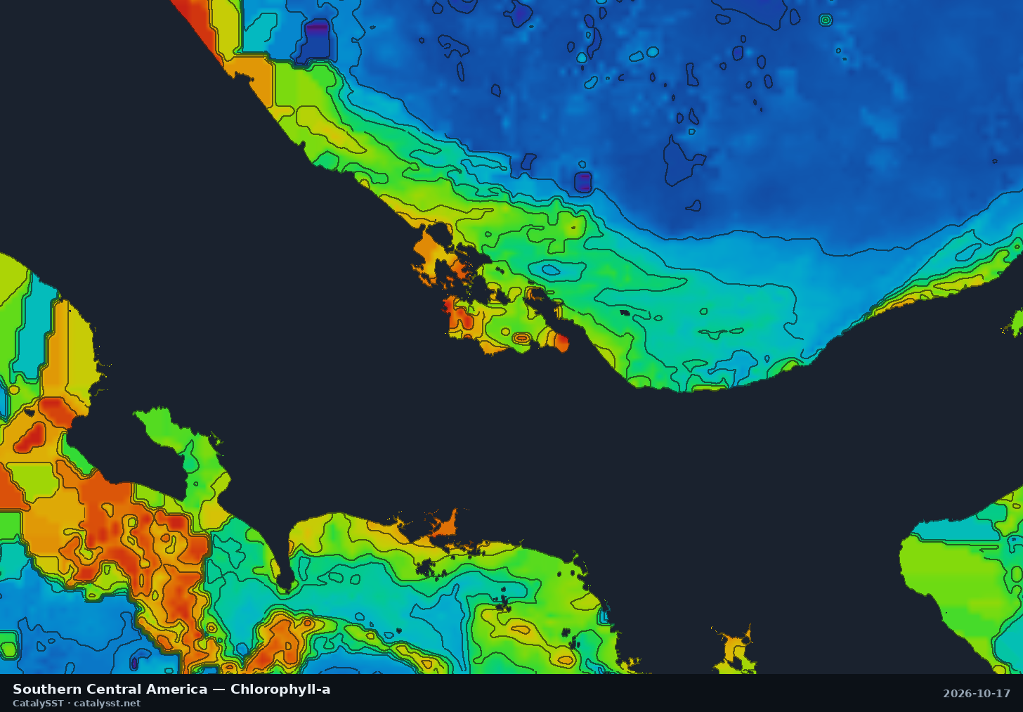 Satellite chlorophyll chart for Southern Central America, October 17, 2026, with contour lines