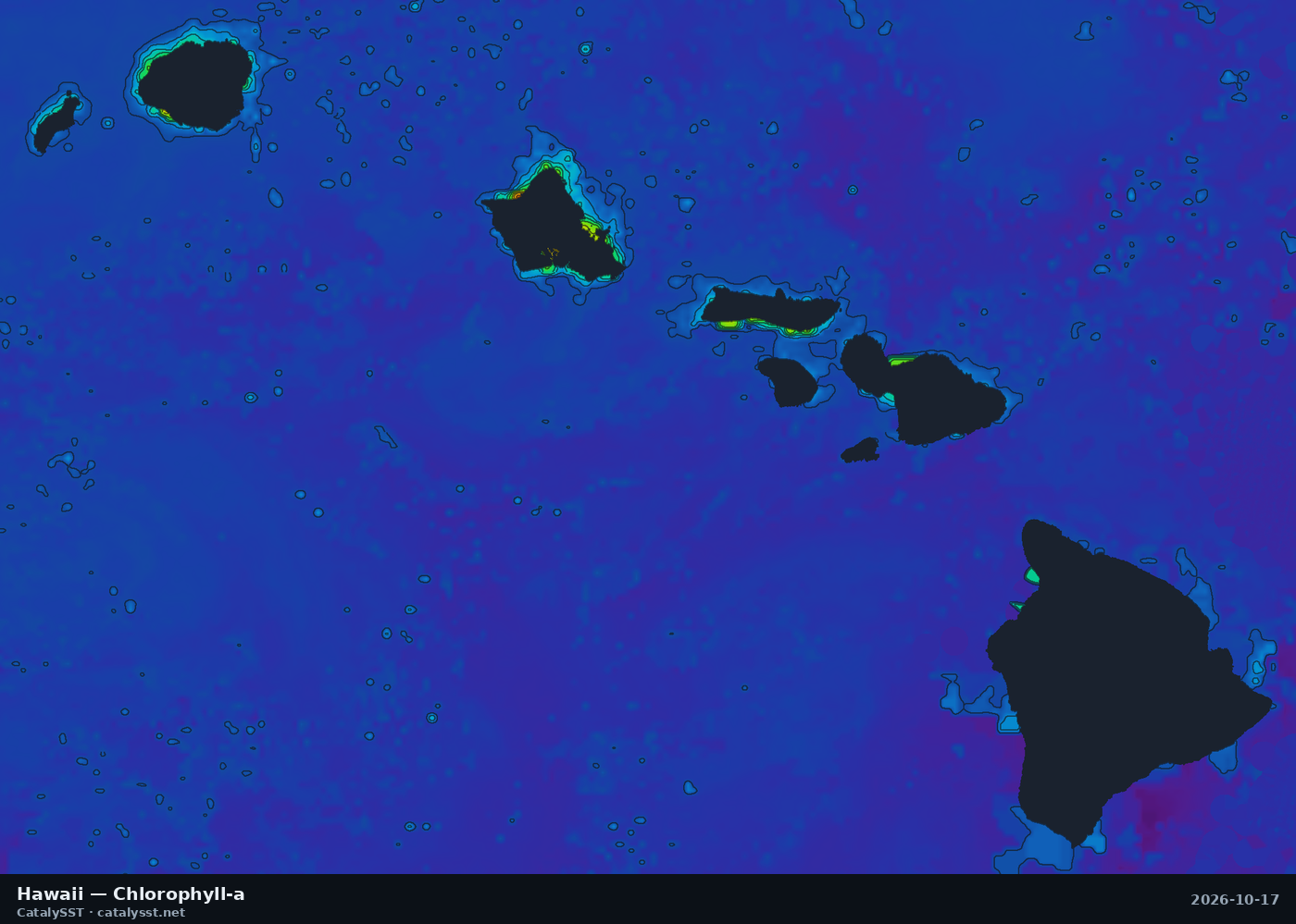 Satellite chlorophyll chart for Hawaii, October 17, 2026, with contour lines