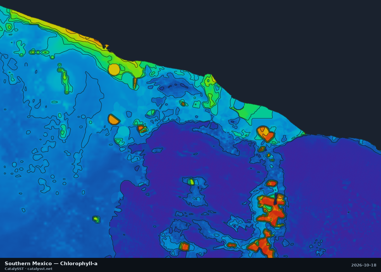 Satellite chlorophyll chart for Southern Mexico, October 17, 2026, with contour lines