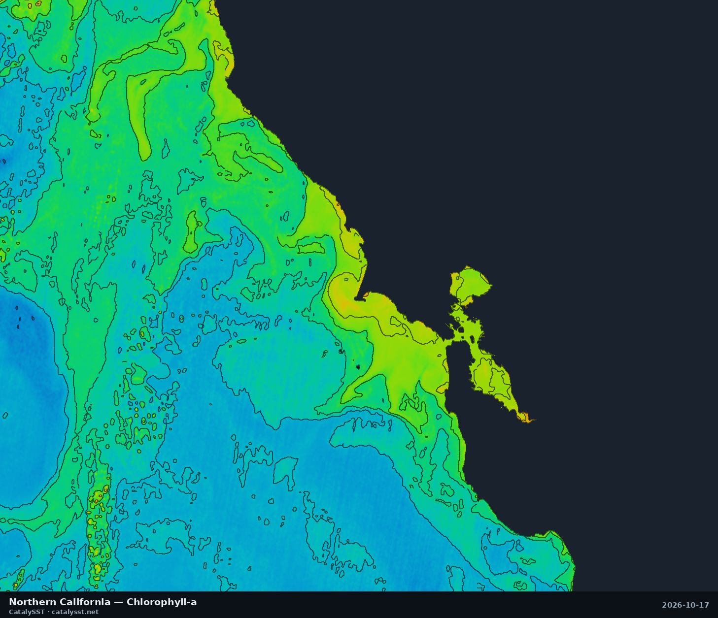 Satellite chlorophyll chart for Northern California, October 17, 2026, with contour lines