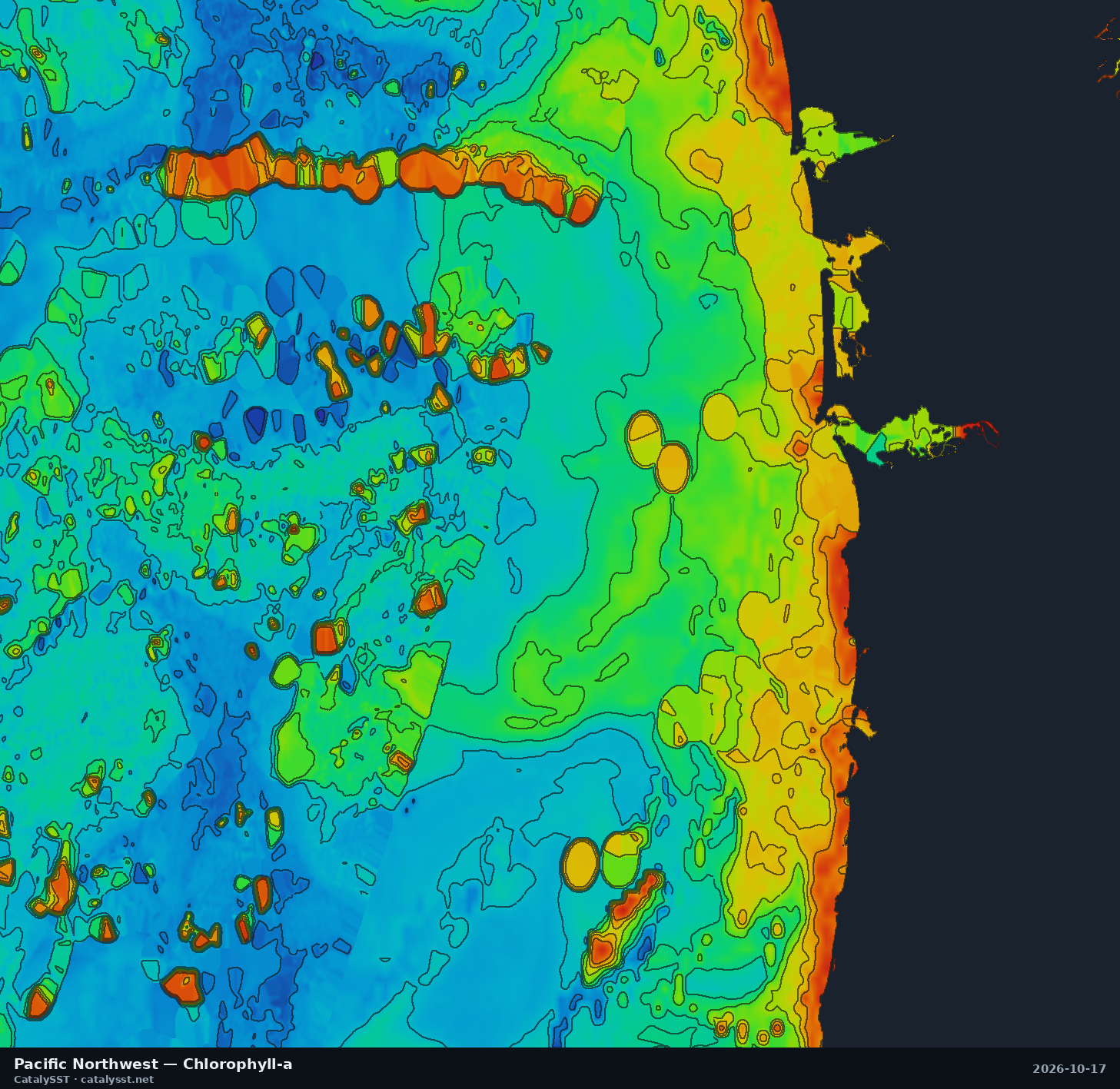 Satellite chlorophyll chart for Pacific Northwest, October 17, 2026, with contour lines