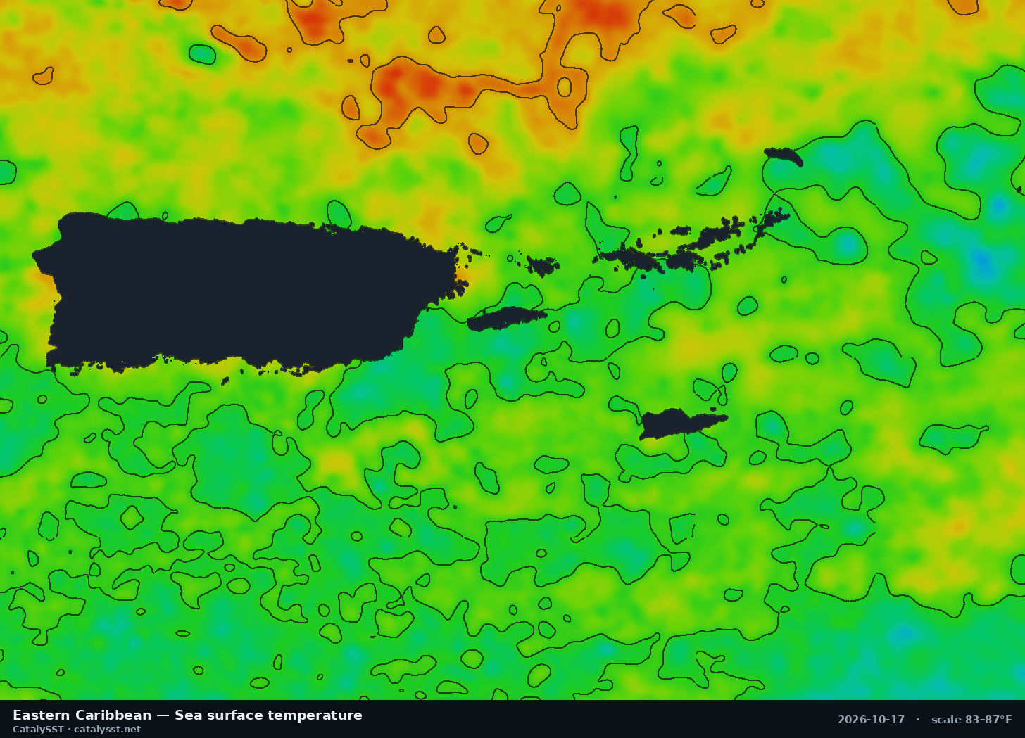Satellite sea surface temperature chart for Eastern Caribbean, October 16, 2026, with contour lines
