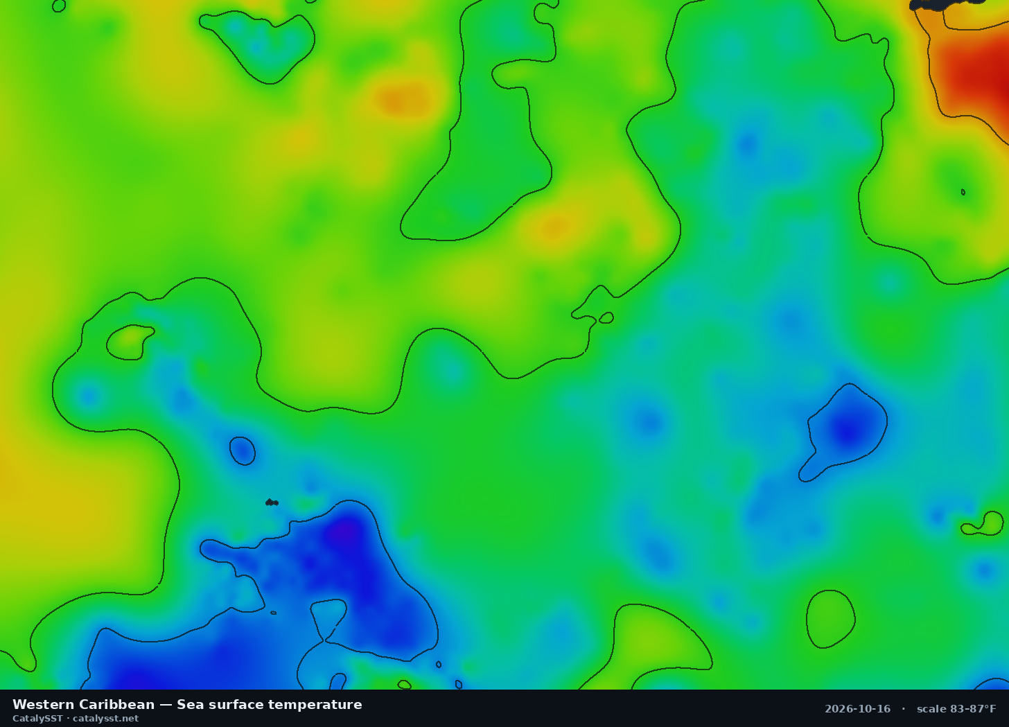 Satellite sea surface temperature chart for Western Caribbean, October 16, 2026, with contour lines