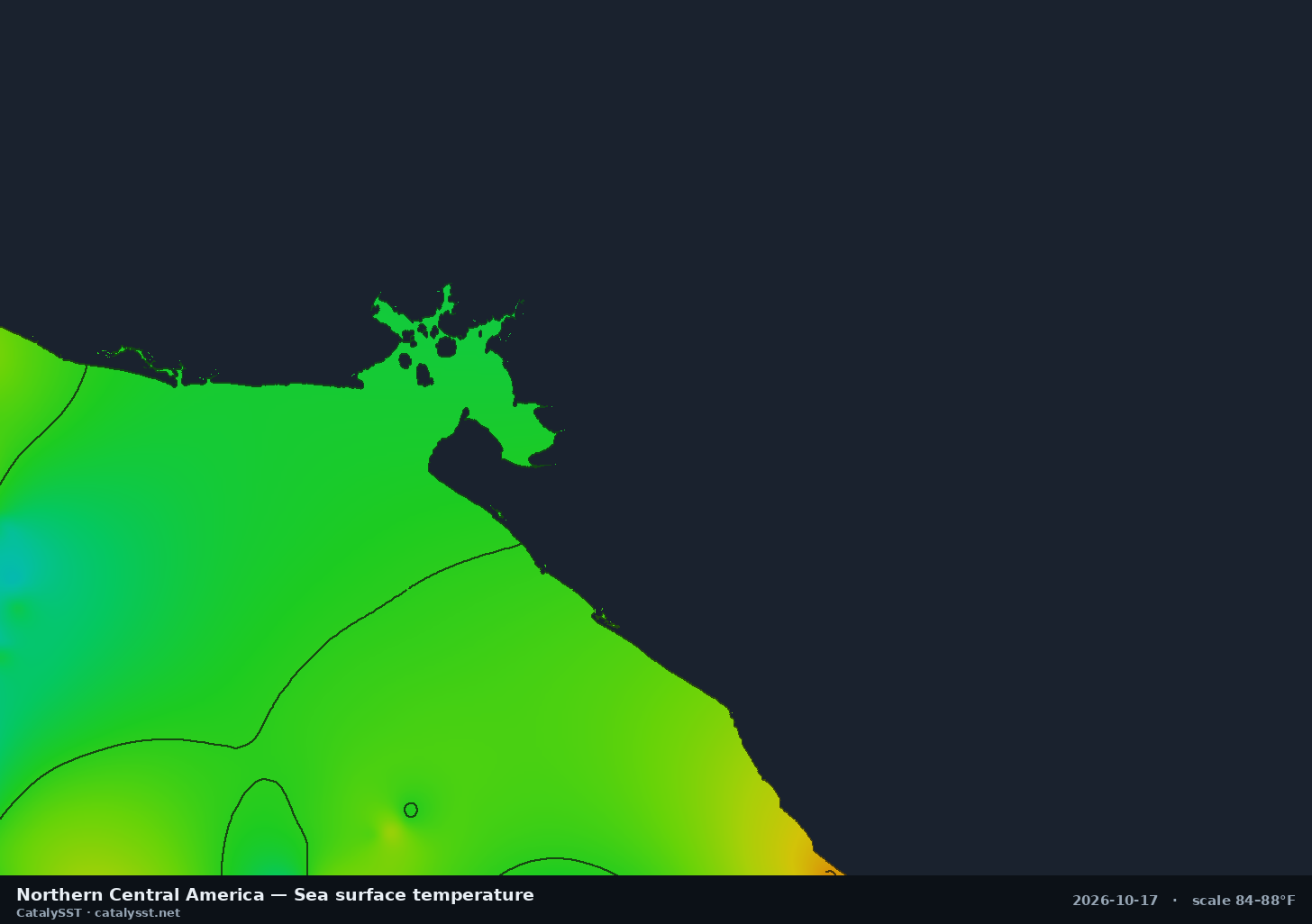 Satellite sea surface temperature chart for Northern Central America, October 16, 2026, with contour lines