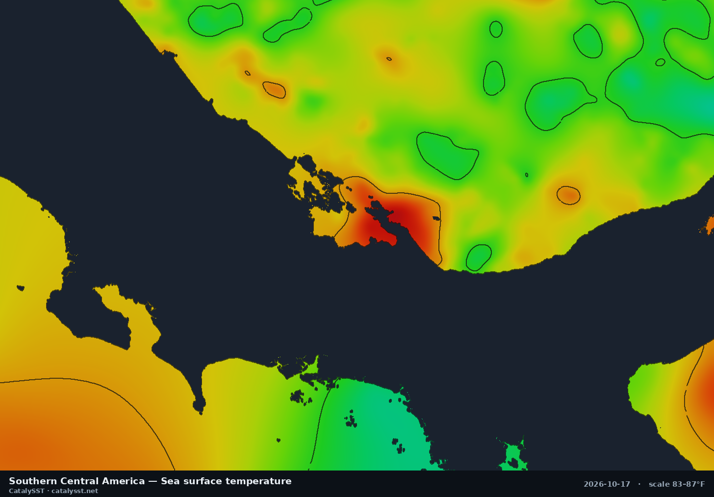 Satellite sea surface temperature chart for Southern Central America, October 16, 2026, with contour lines