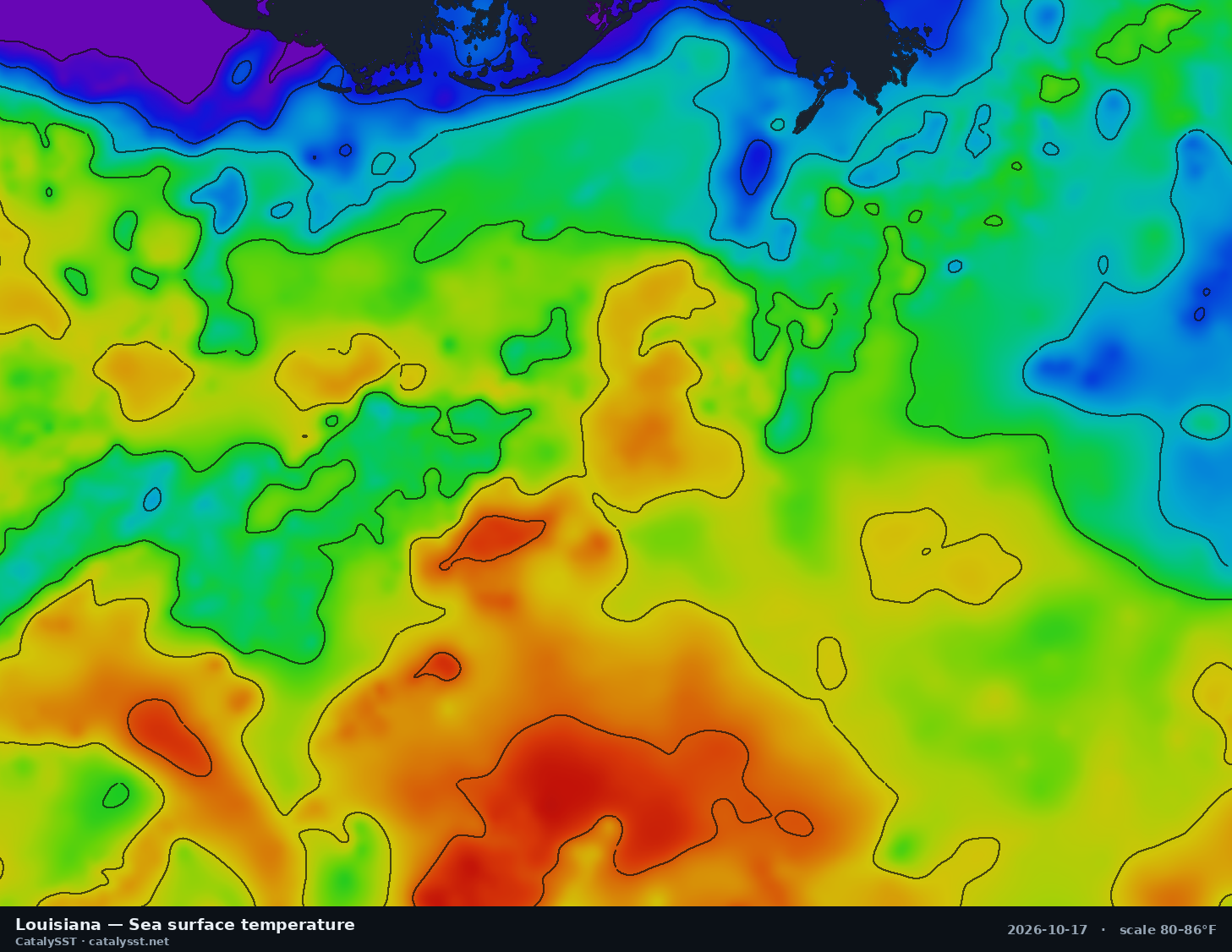 Satellite sea surface temperature chart for Louisiana, October 16, 2026, with contour lines