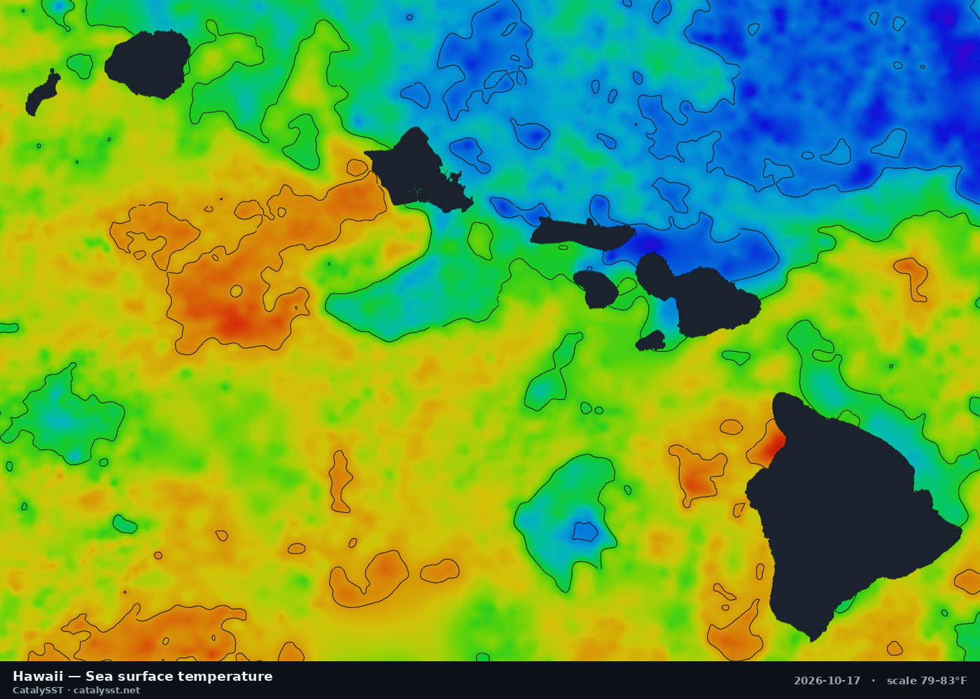 Satellite sea surface temperature chart for Hawaii, October 16, 2026, with contour lines