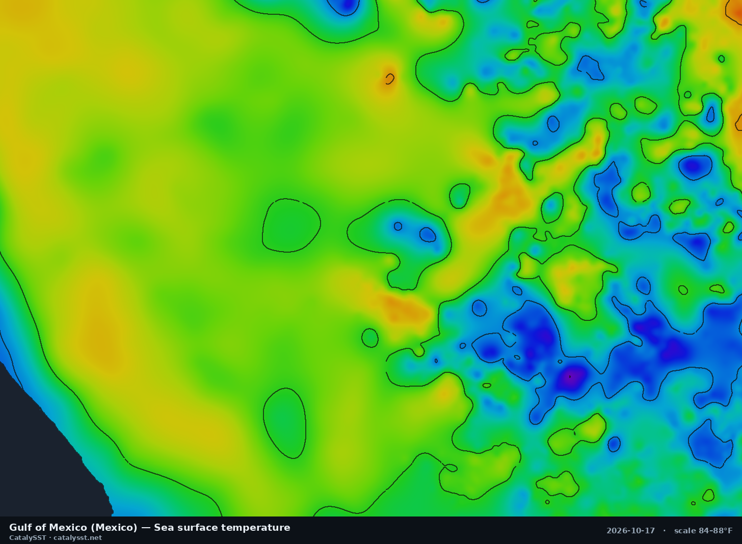 Satellite sea surface temperature chart for Gulf of Mexico (Mexico), October 16, 2026, with contour lines