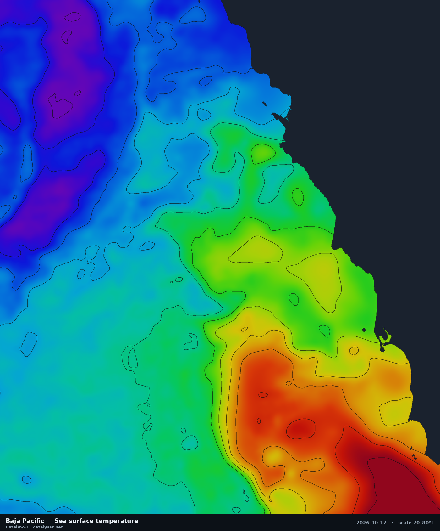 Satellite sea surface temperature chart for Baja Pacific, October 16, 2026, with contour lines