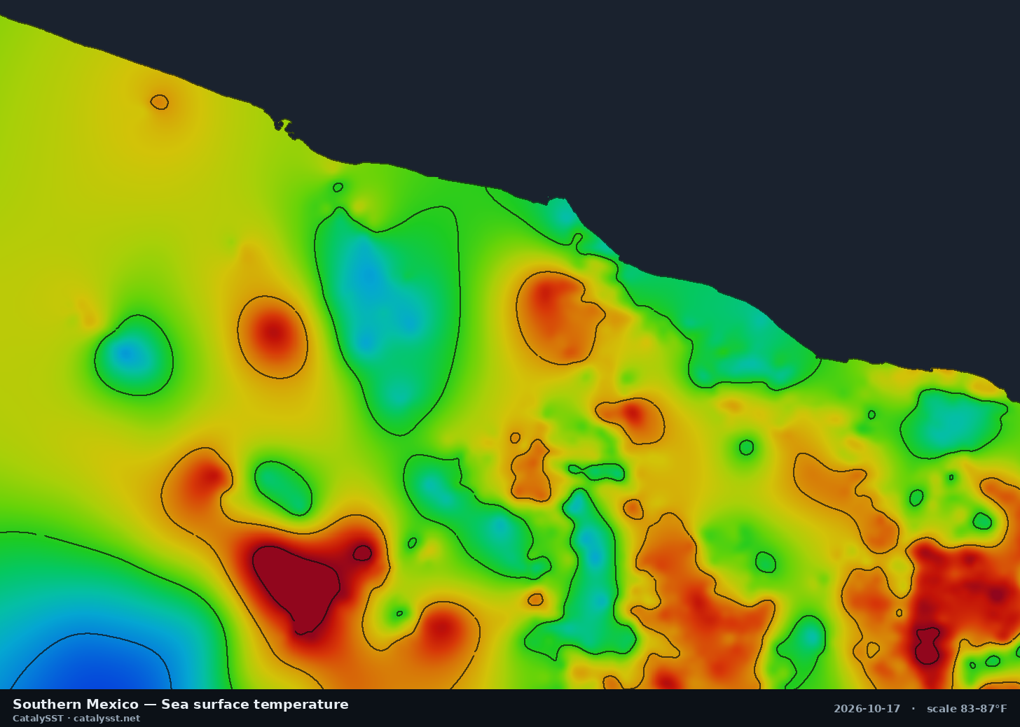 Satellite sea surface temperature chart for Southern Mexico, October 16, 2026, with contour lines