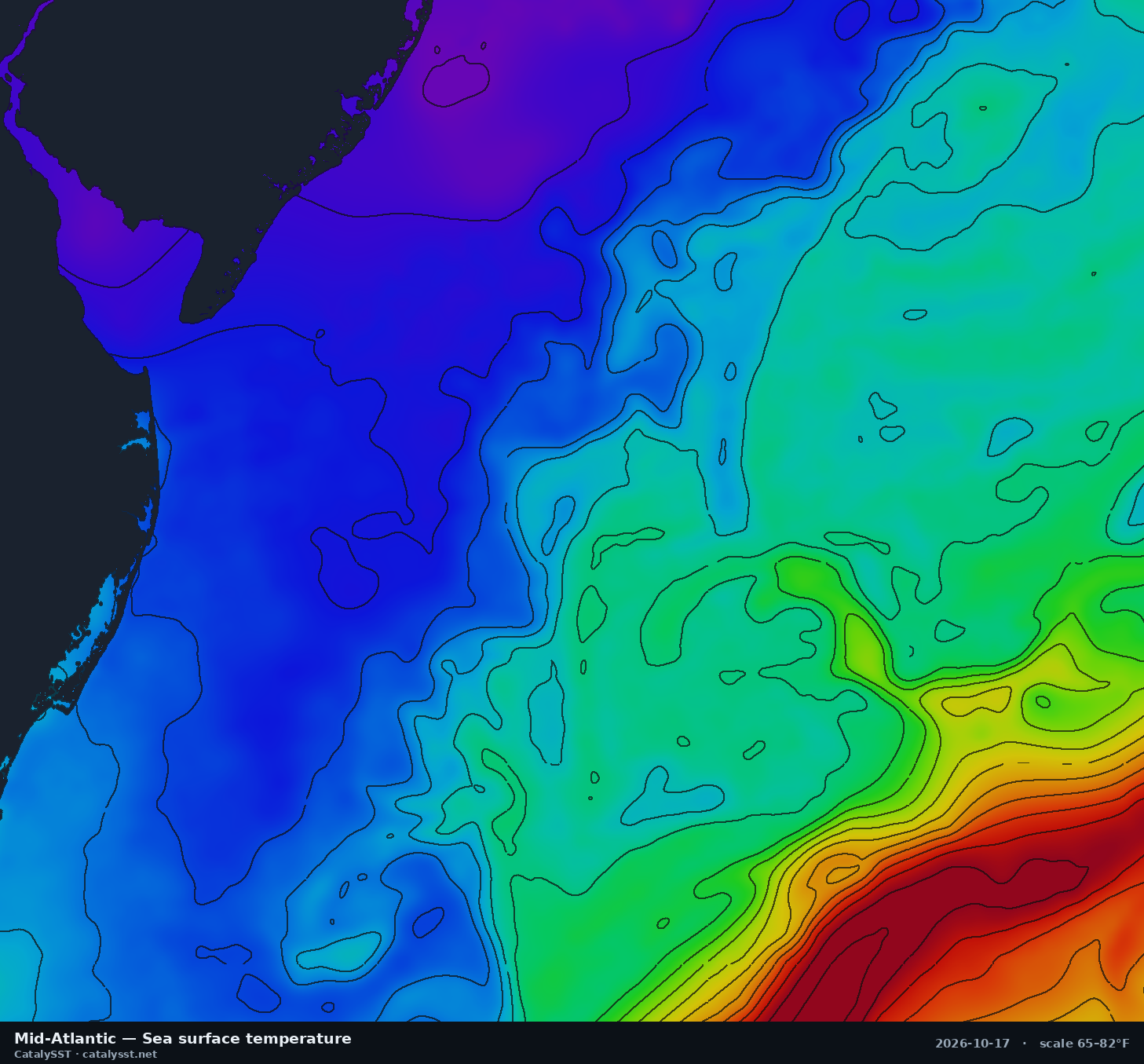 Satellite sea surface temperature chart for Mid-Atlantic, October 16, 2026, with contour lines