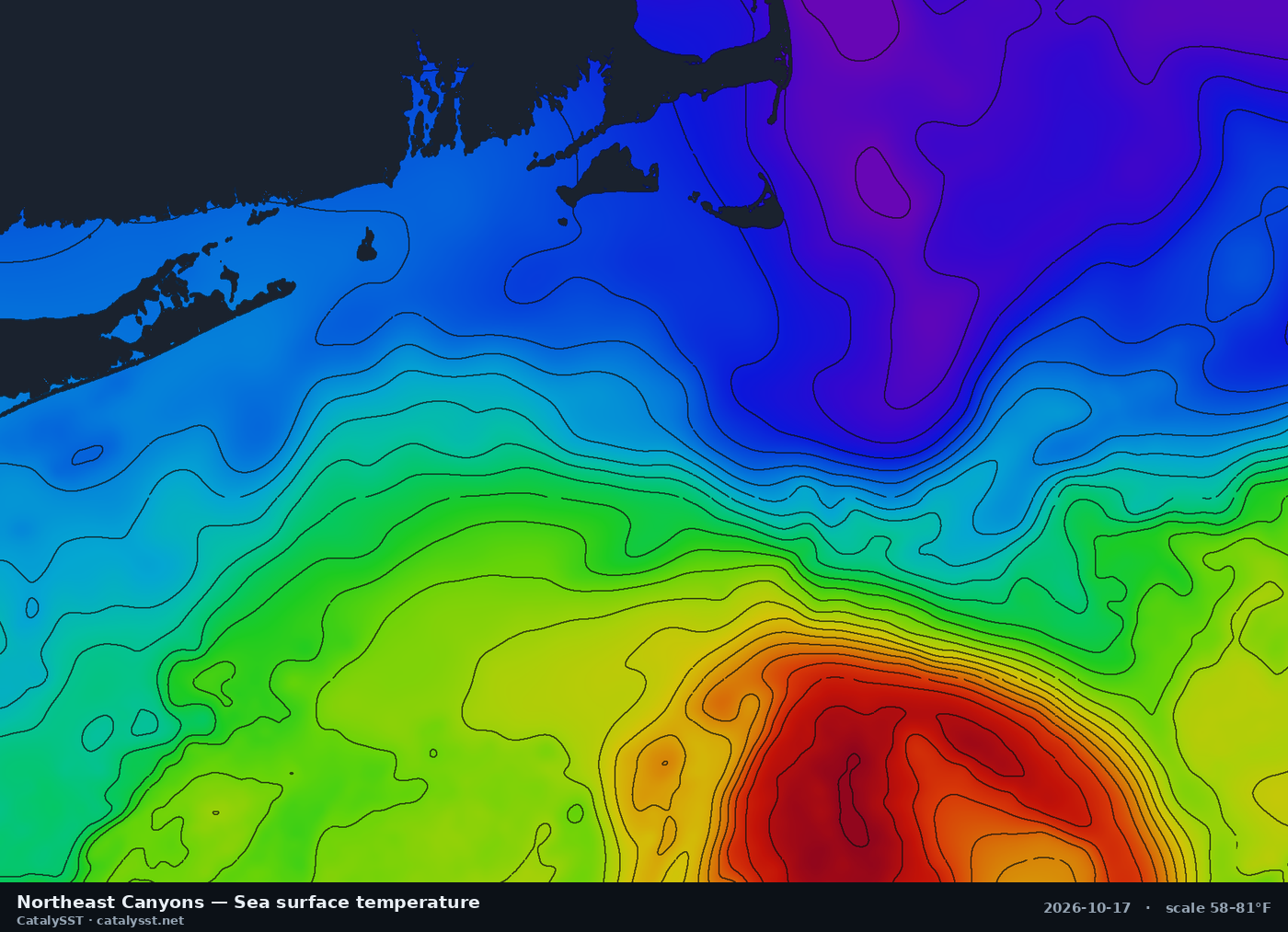 Satellite sea surface temperature chart for Northeast Canyons, October 17, 2026, with contour lines