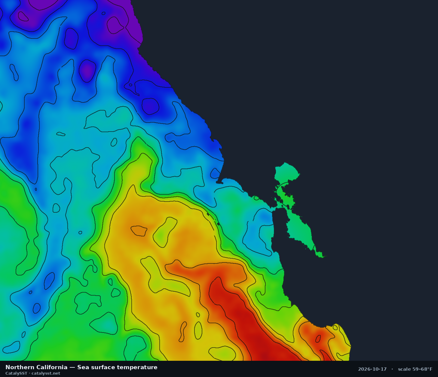 Satellite sea surface temperature chart for Northern California, October 14, 2026, with contour lines