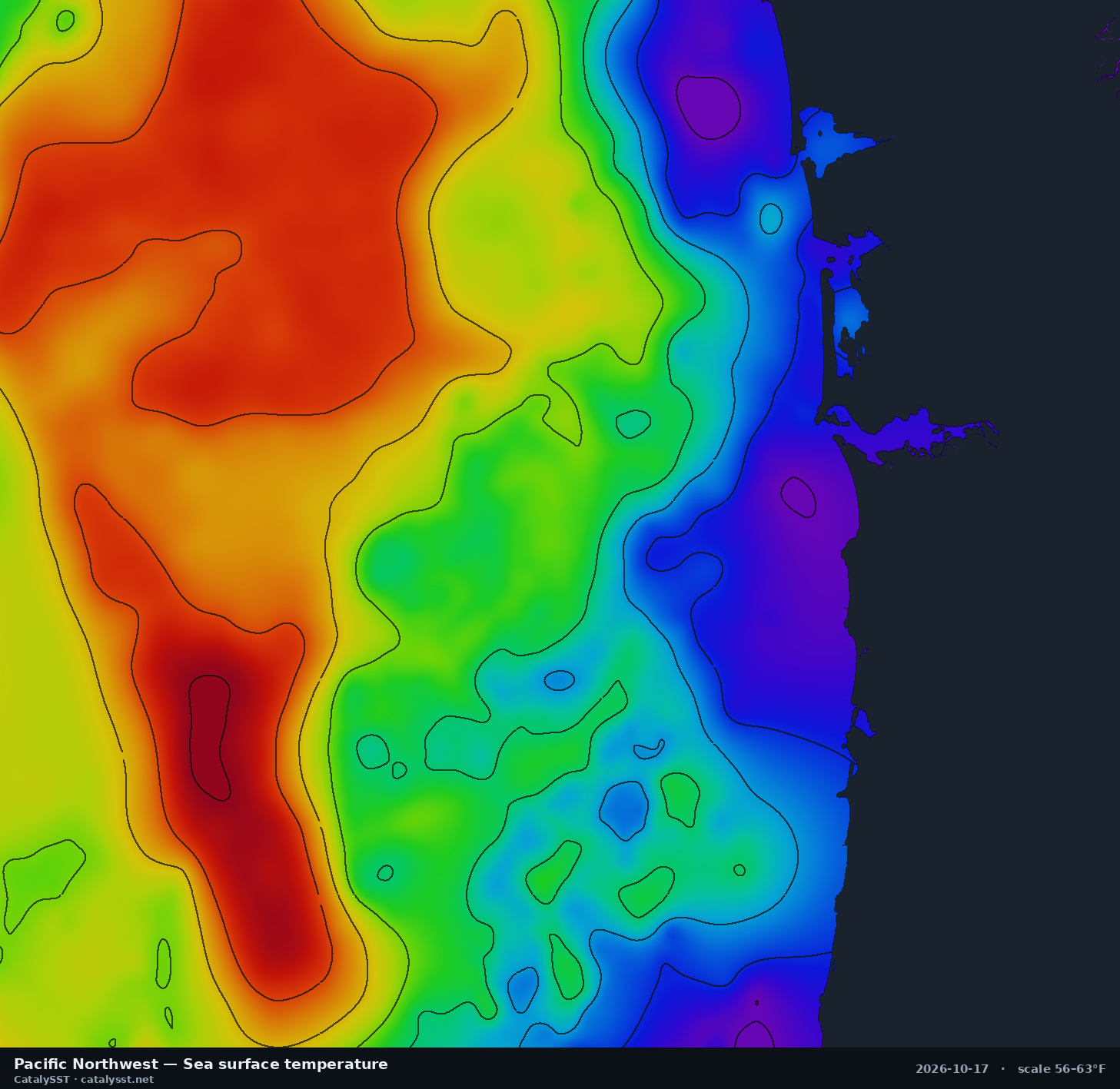 Satellite sea surface temperature chart for Pacific Northwest, October 15, 2026, with contour lines