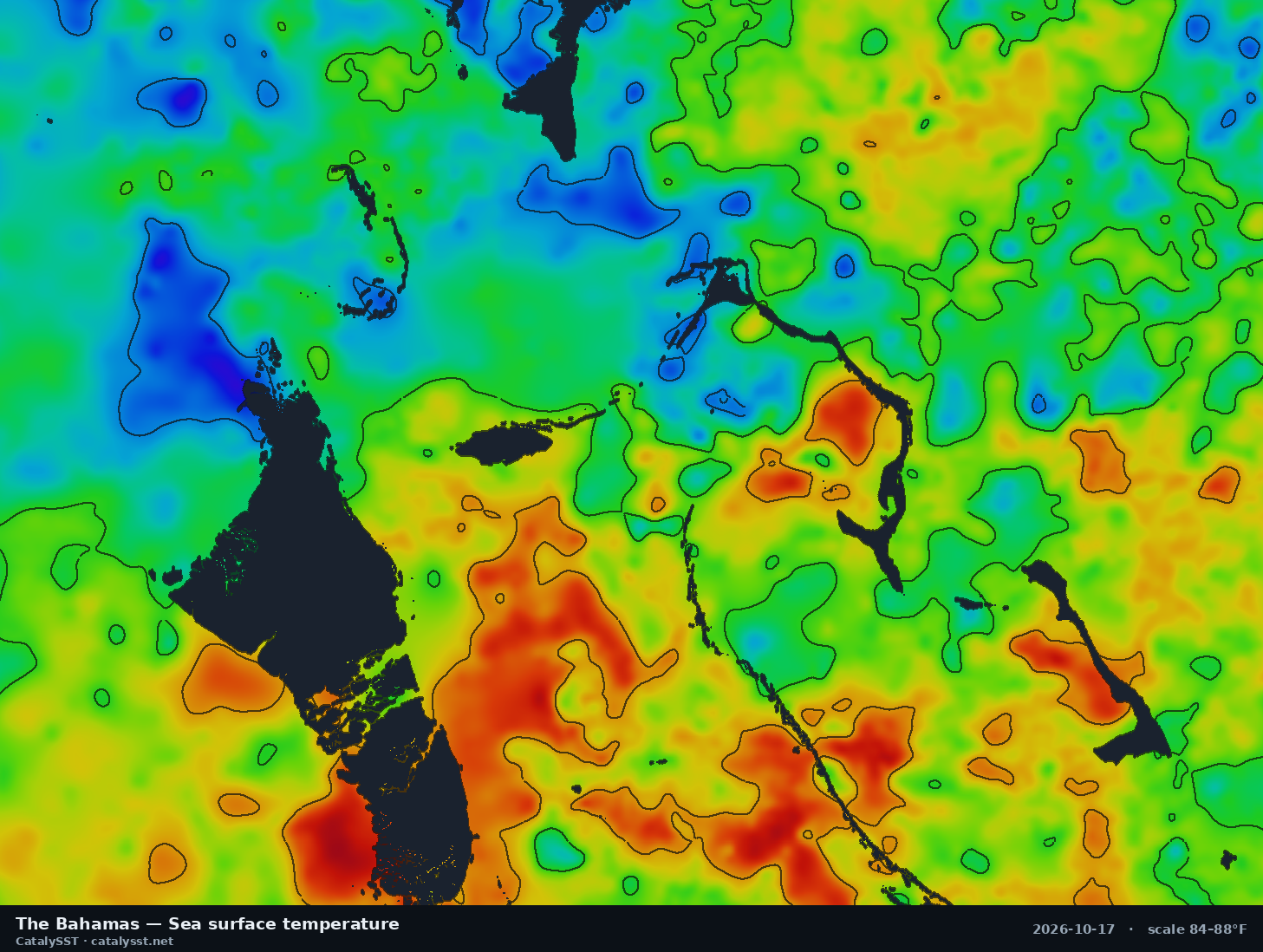 Satellite sea surface temperature chart for The Bahamas, October 16, 2026, with contour lines