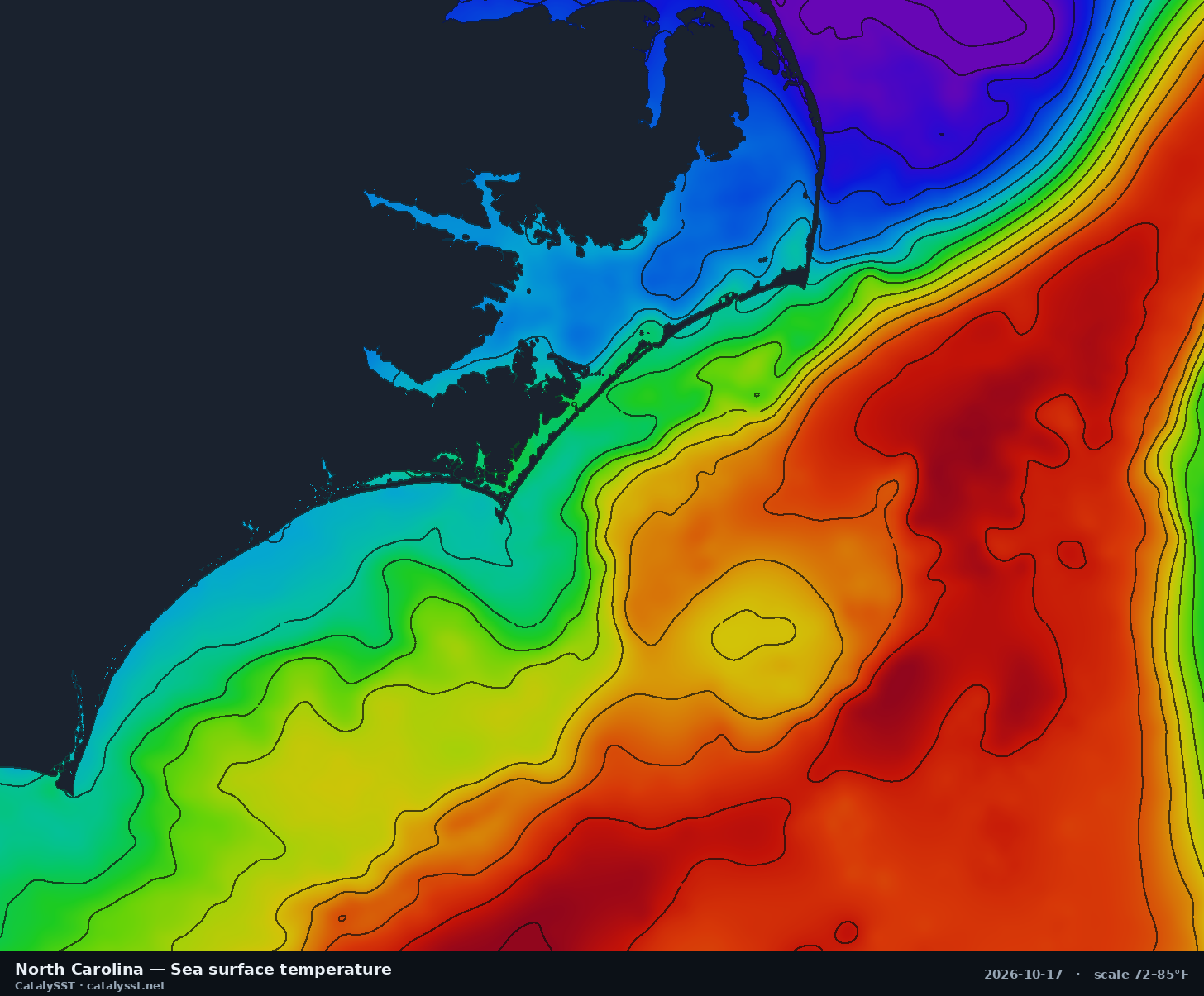 Satellite sea surface temperature chart for North Carolina, October 16, 2026, with contour lines