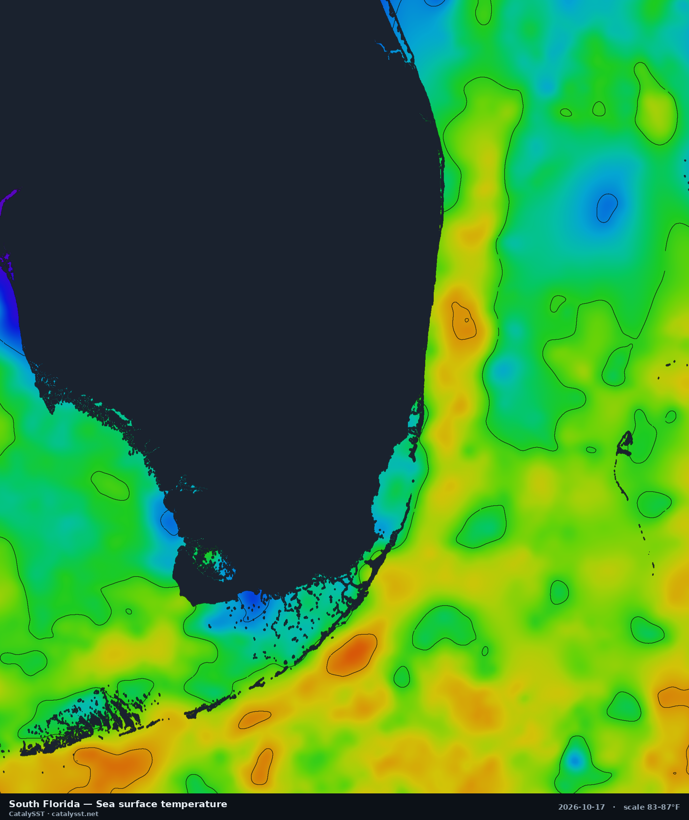 Satellite sea surface temperature chart for South Florida, October 16, 2026, with contour lines