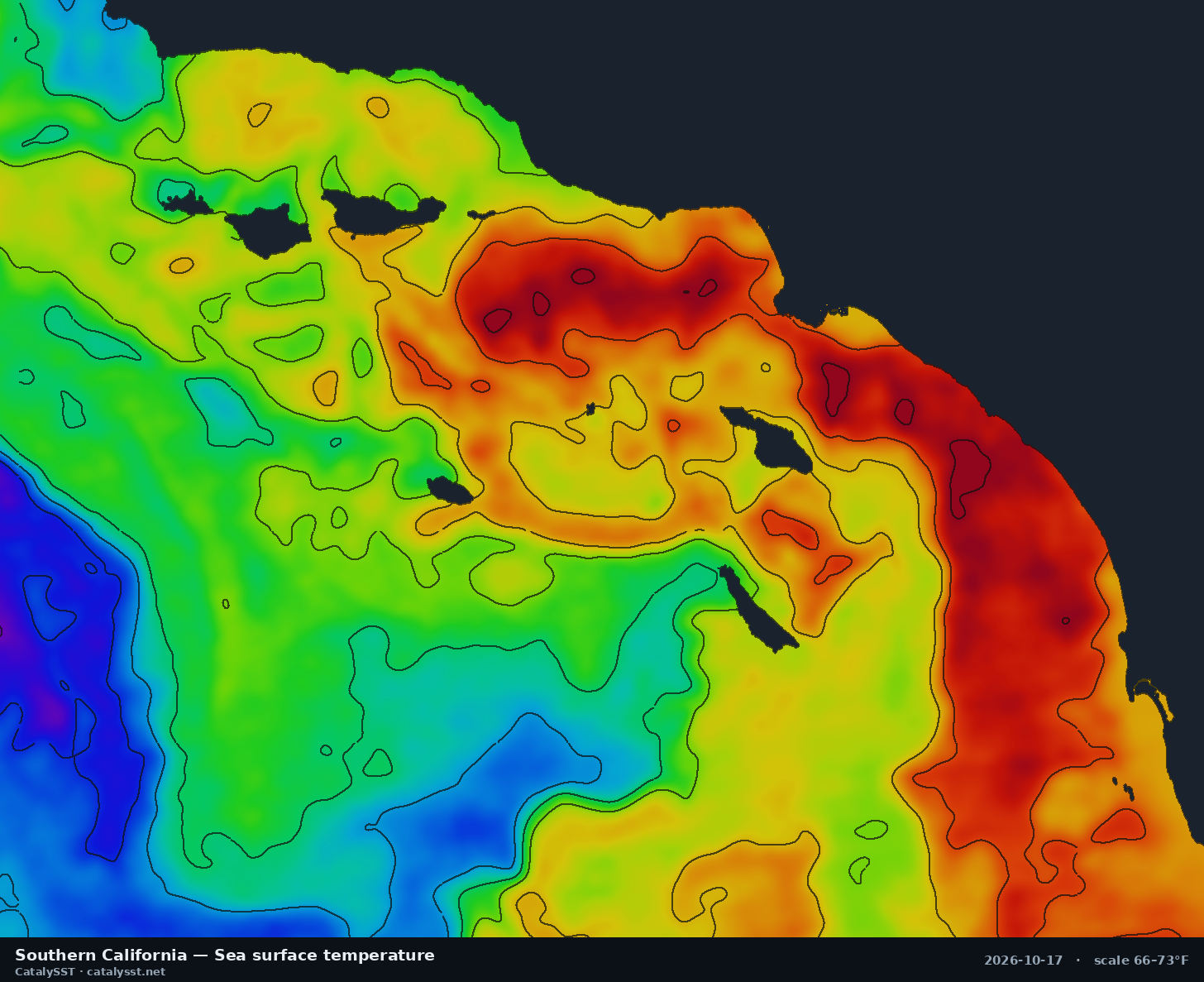 Satellite sea surface temperature chart for Southern California, October 16, 2026, with contour lines