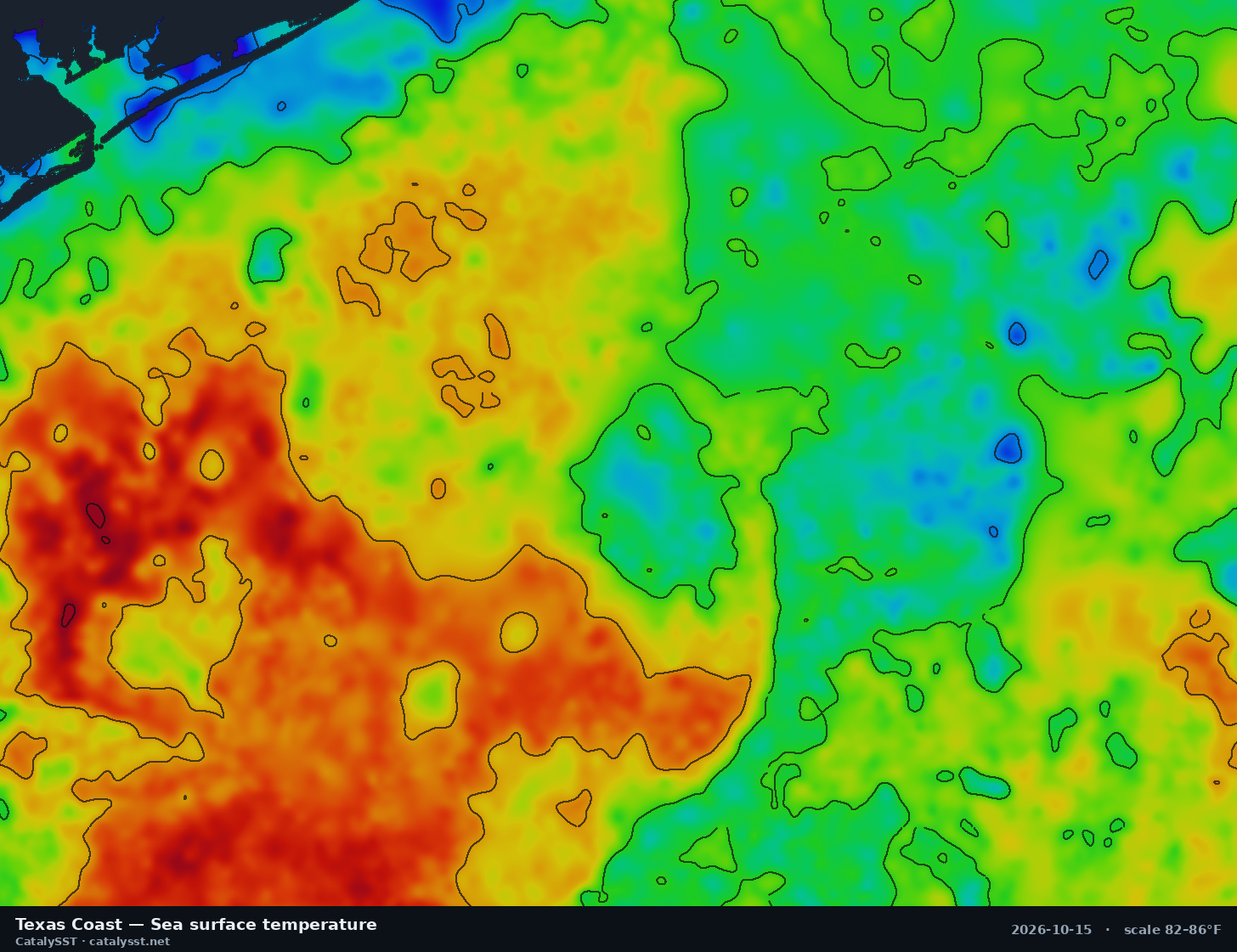 Satellite sea surface temperature chart for Texas Coast, October 15, 2026, with contour lines